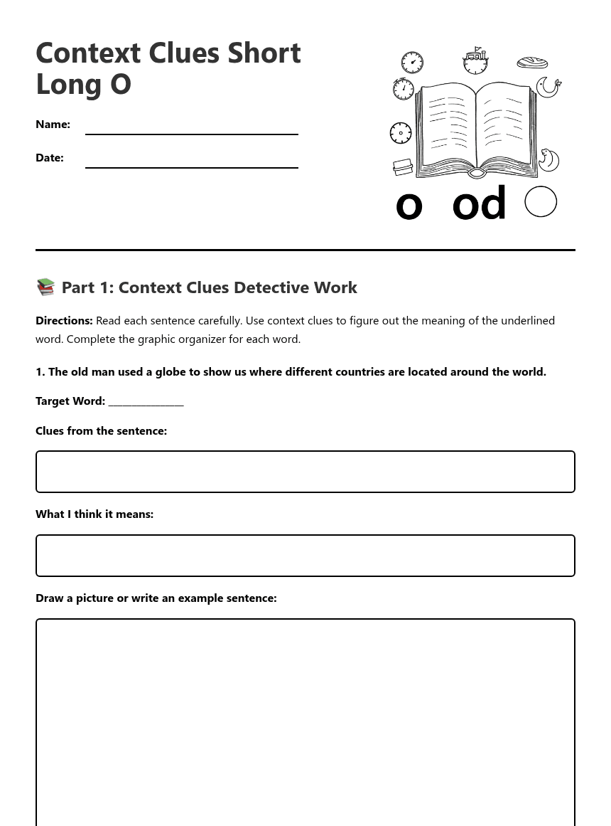 Context Clues Short Long O worksheet preview