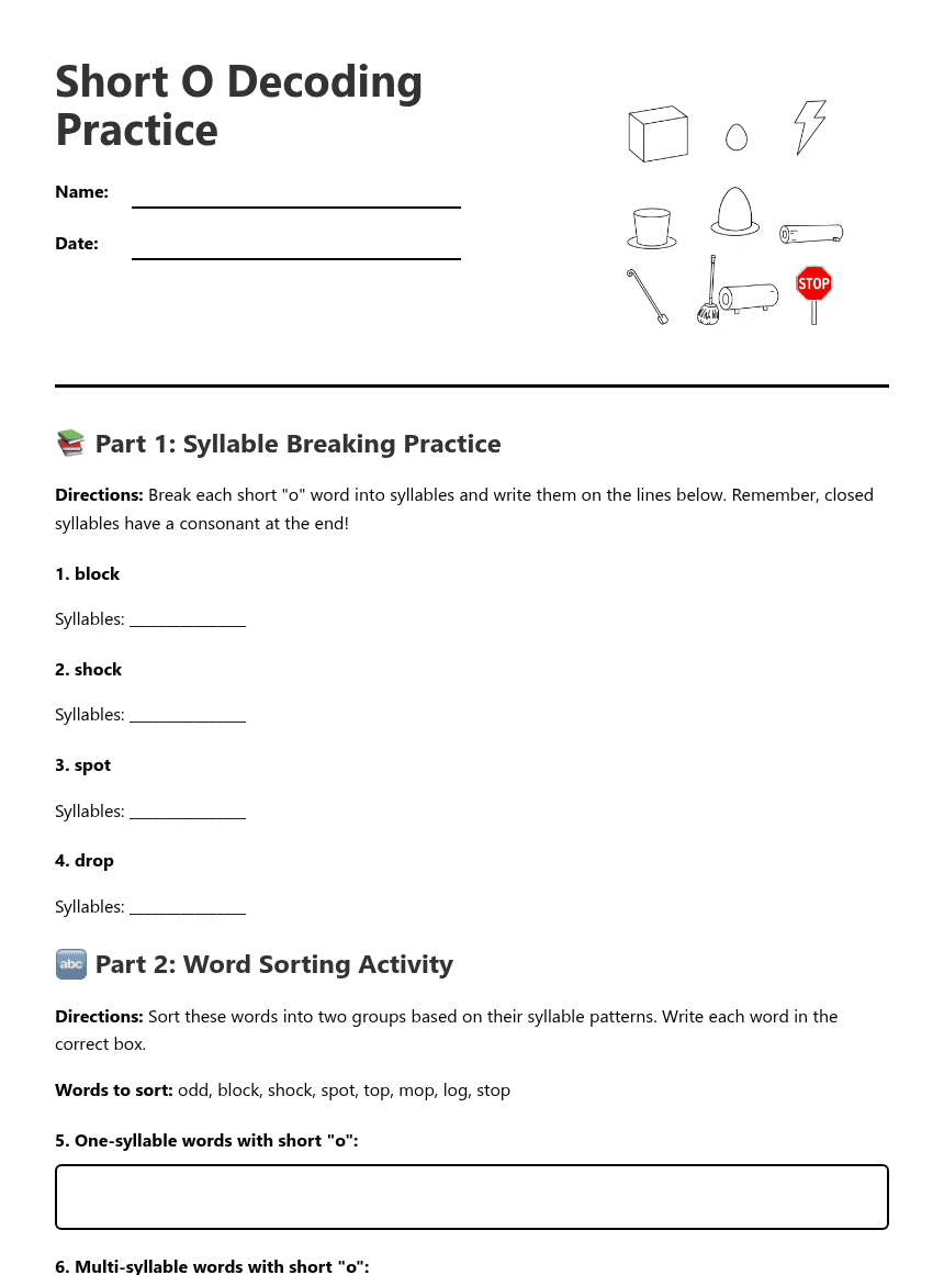 Short O Decoding Practice worksheet preview