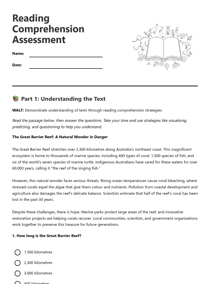 Reading Comprehension Assessment worksheet preview