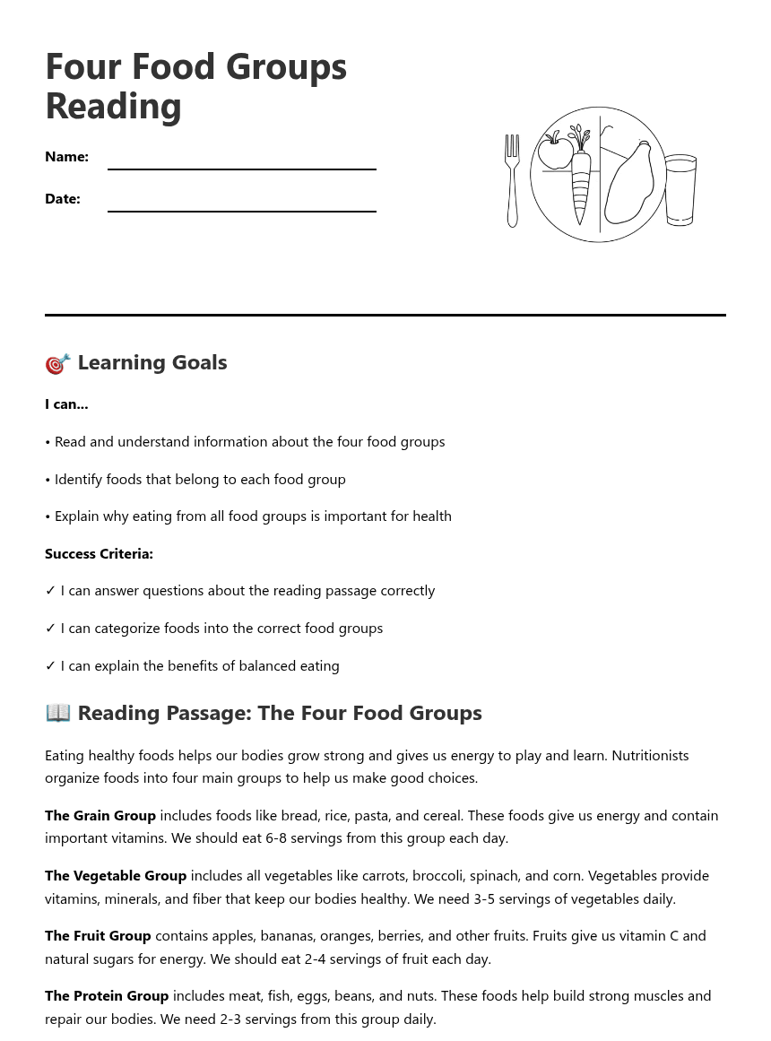 Four Food Groups Reading worksheet preview