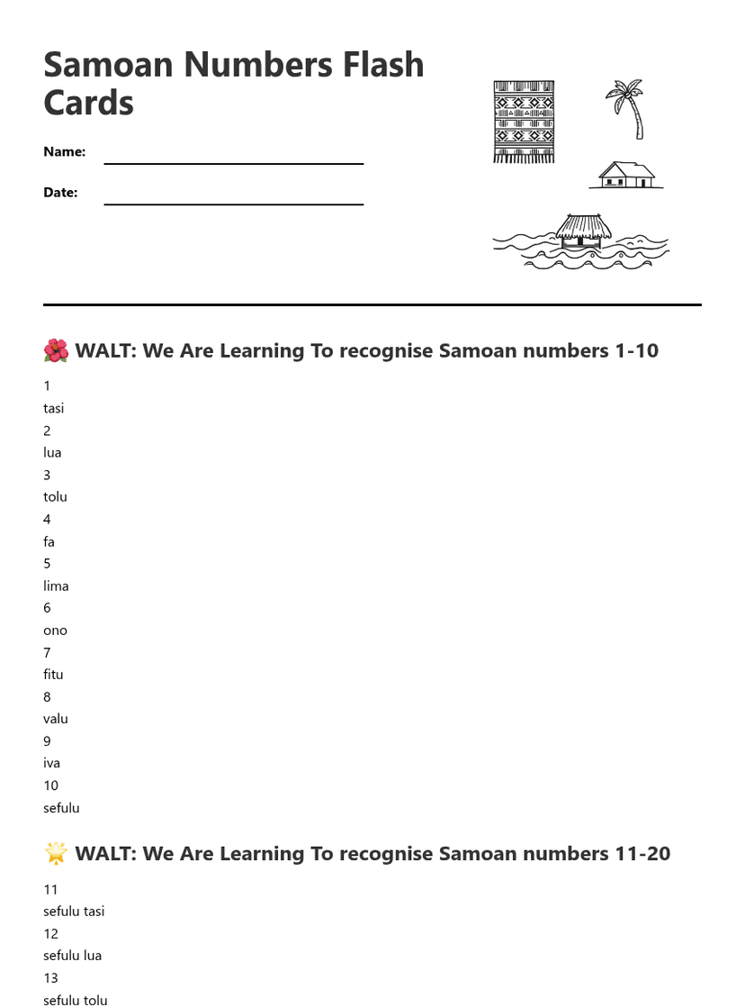 Samoan Numbers Flash Cards