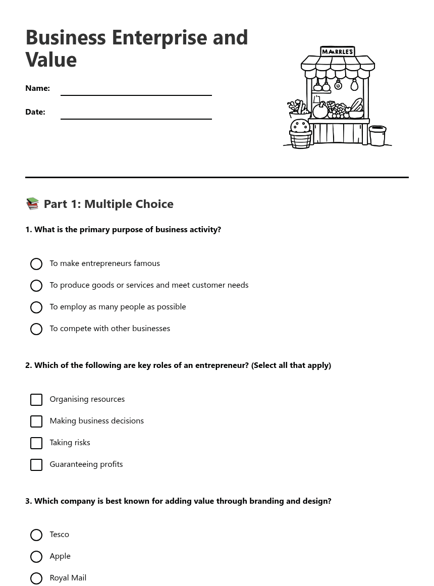 Business Enterprise and Value worksheet preview