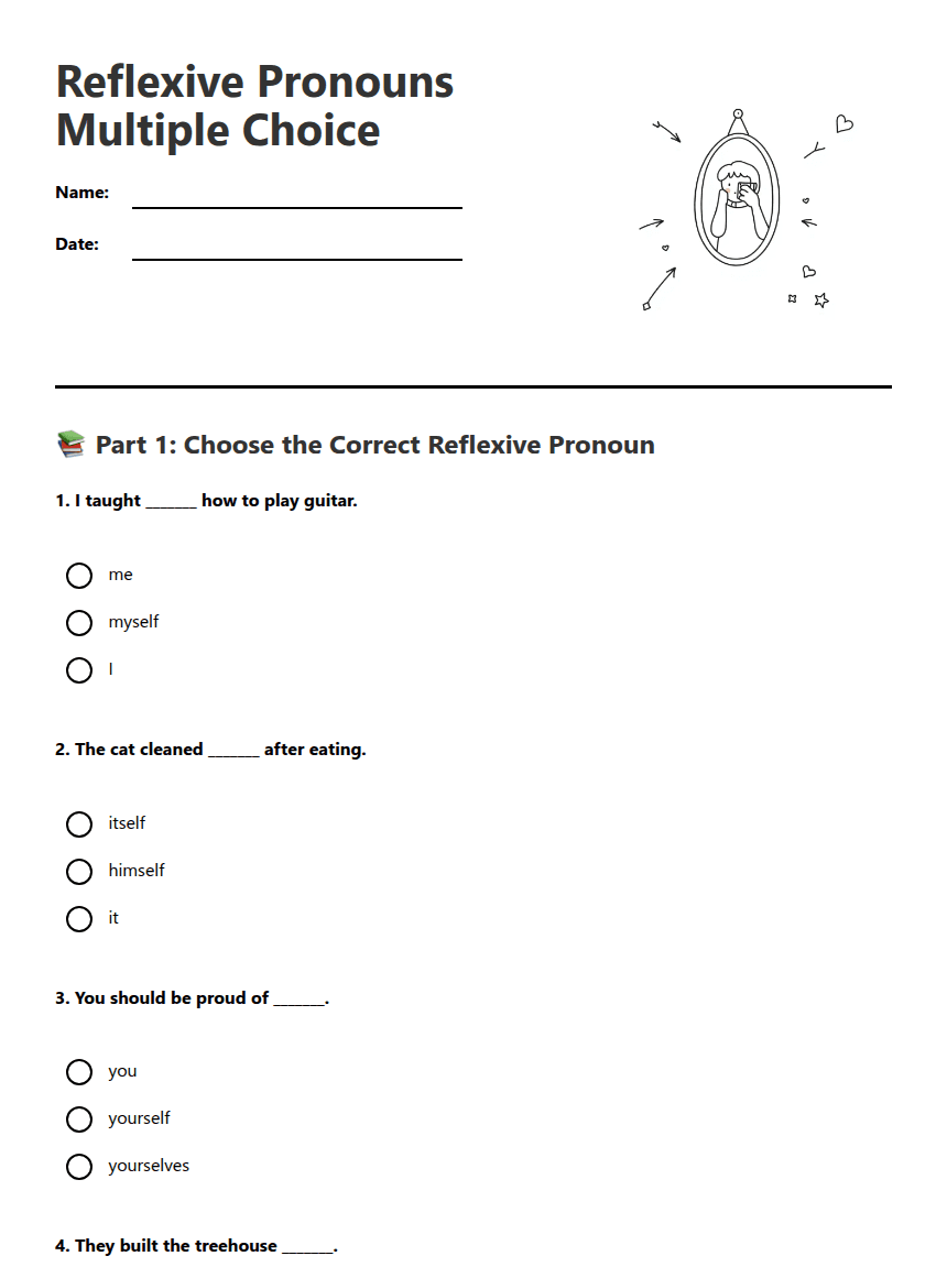 Reflexive Pronouns Multiple Choice worksheet preview