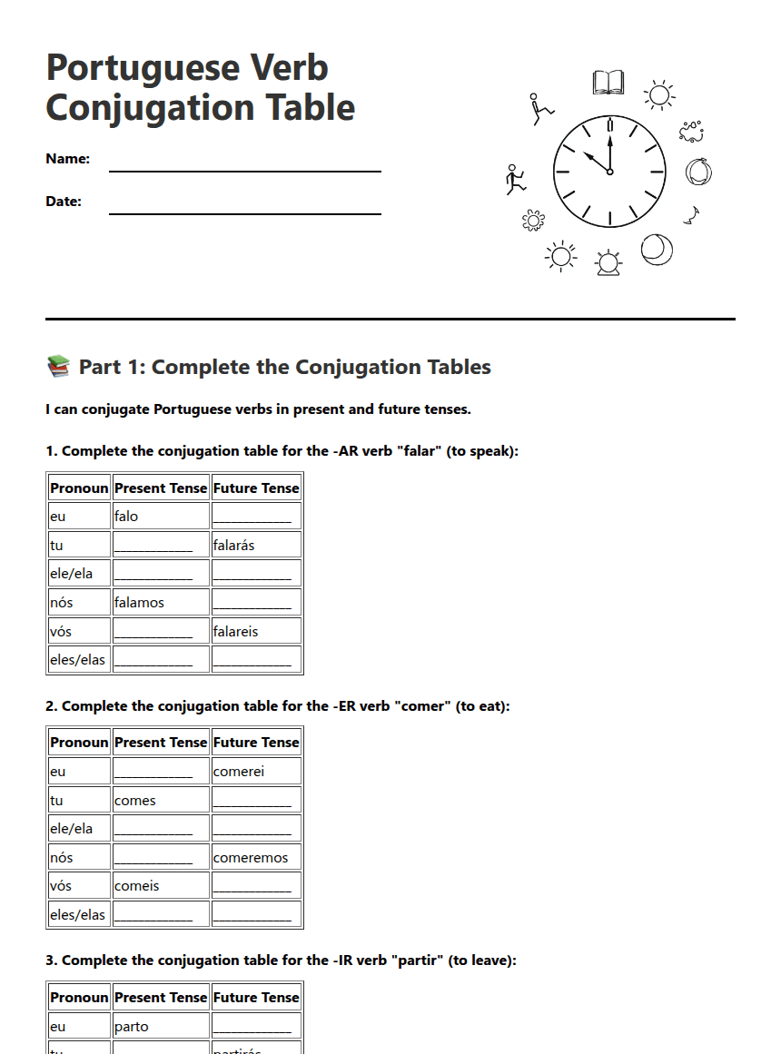 Portuguese Verb Conjugation Table worksheet preview