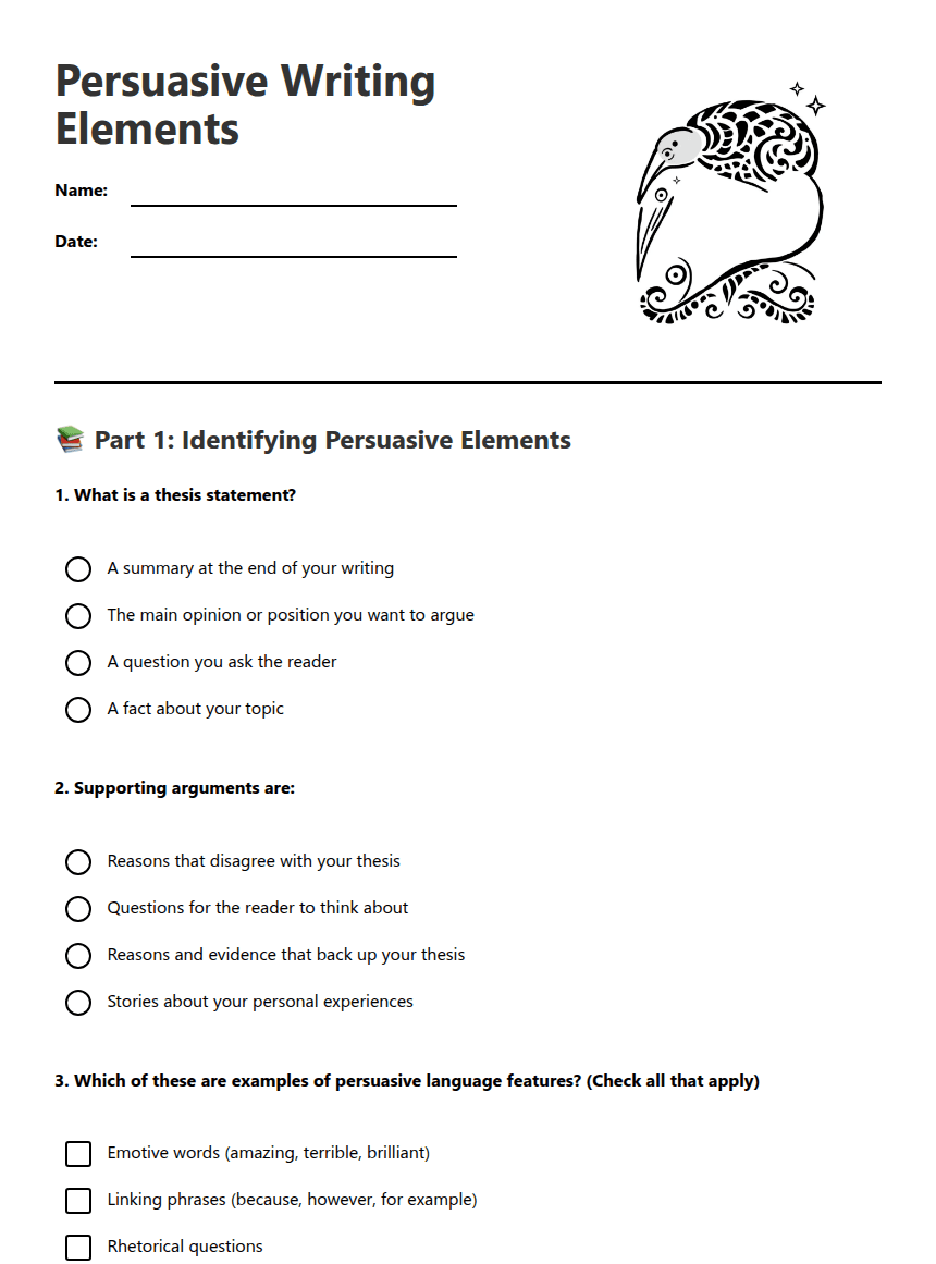 Persuasive Writing Elements worksheet preview