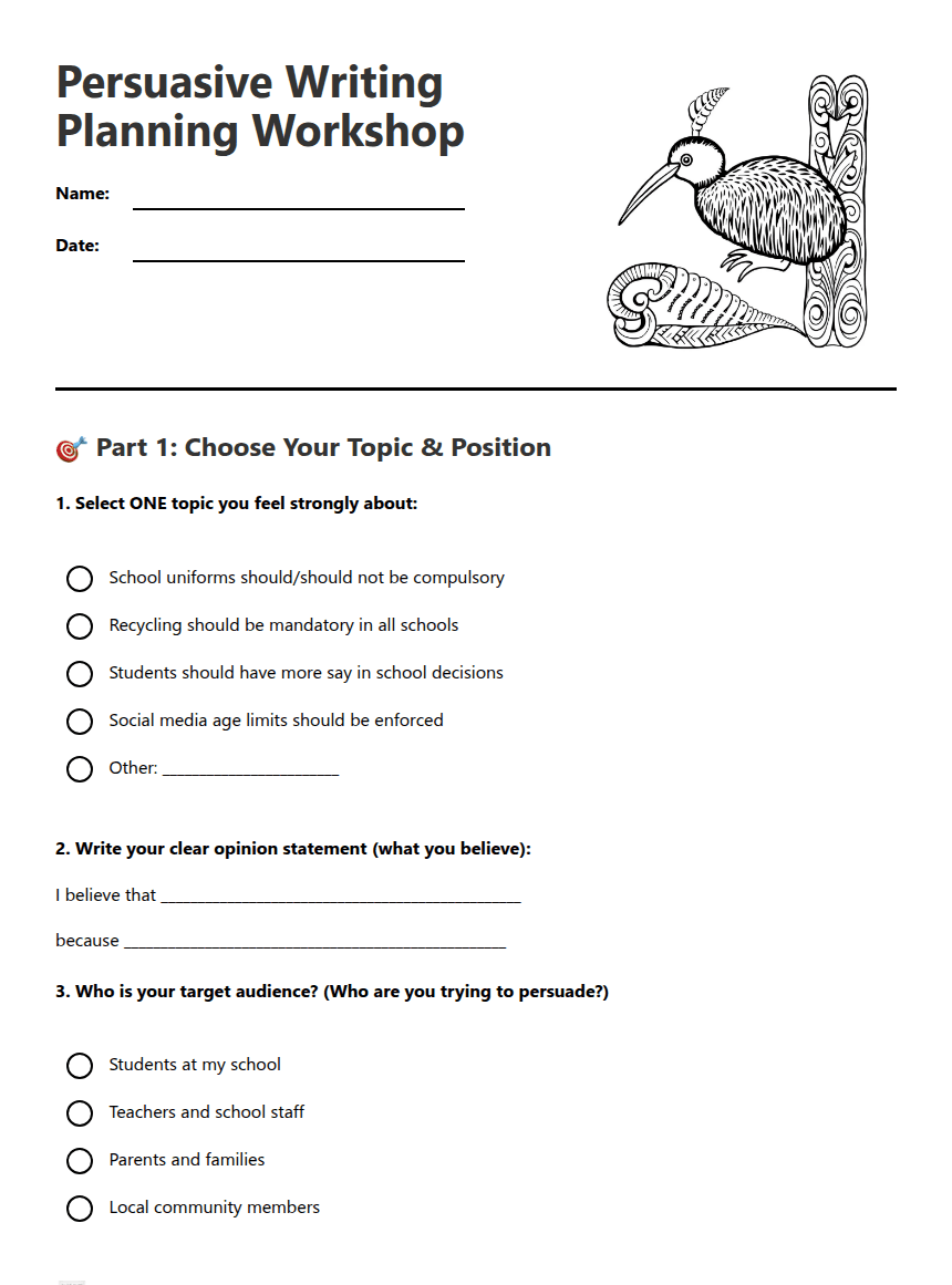 Persuasive Writing Planning Workshop worksheet preview