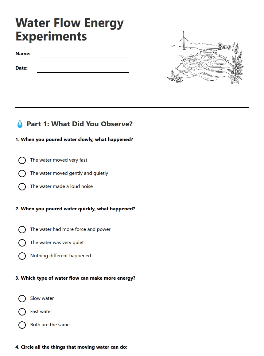 Water Flow Energy Experiments worksheet preview