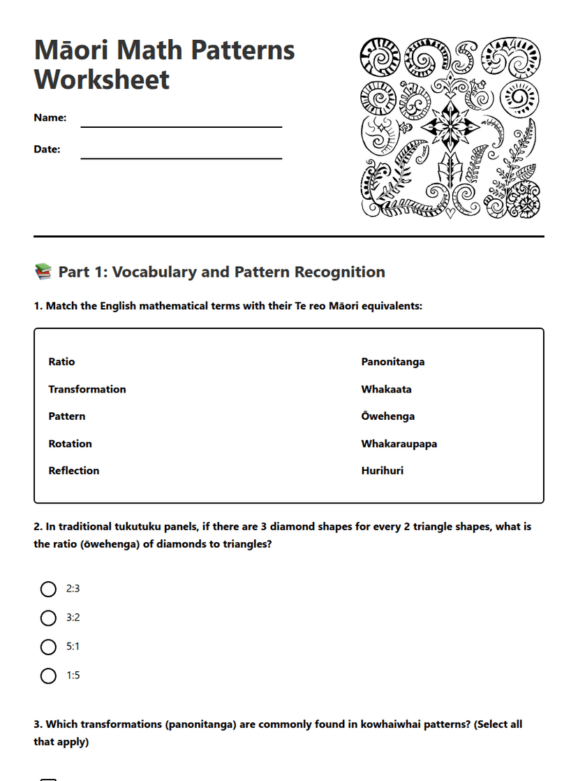 Māori Math Patterns Worksheet
