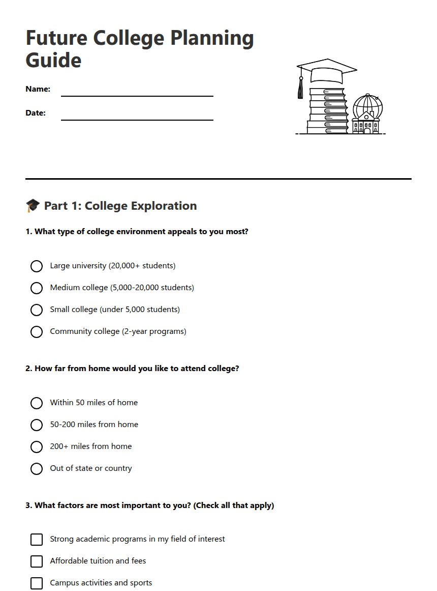 Future College Planning Guide worksheet preview