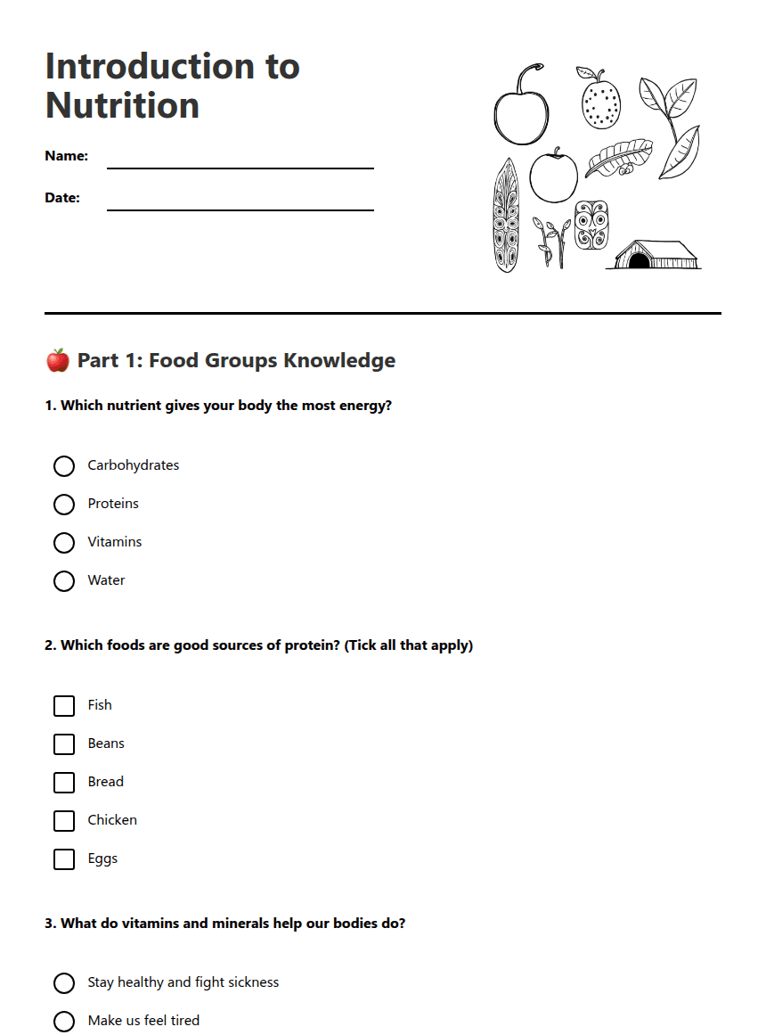 Introduction to Nutrition worksheet preview