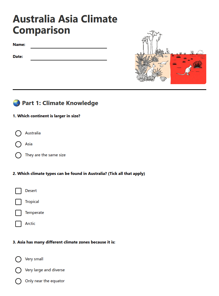 Australia Asia Climate Comparison worksheet preview