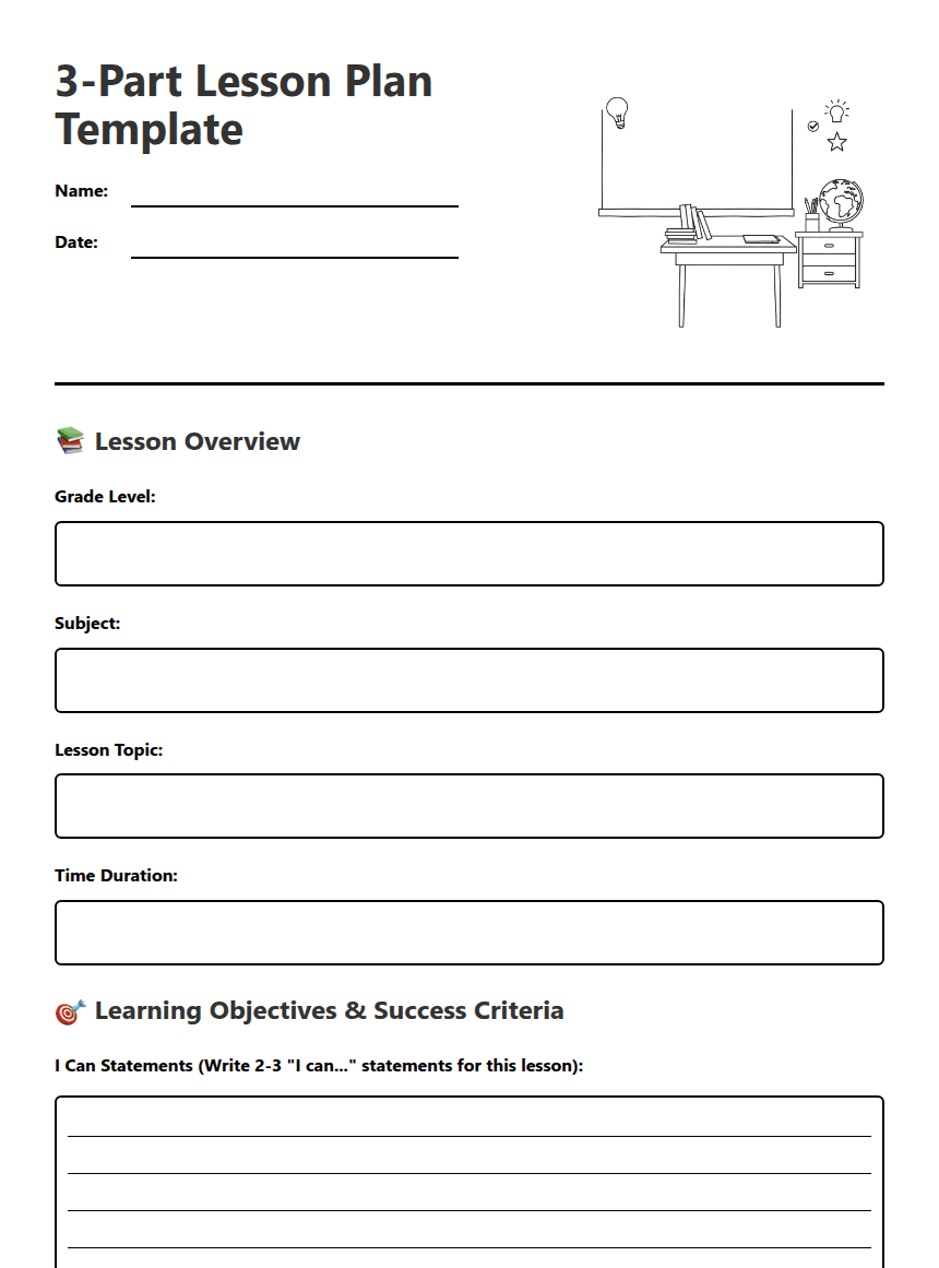3-Part Lesson Plan Template worksheet preview