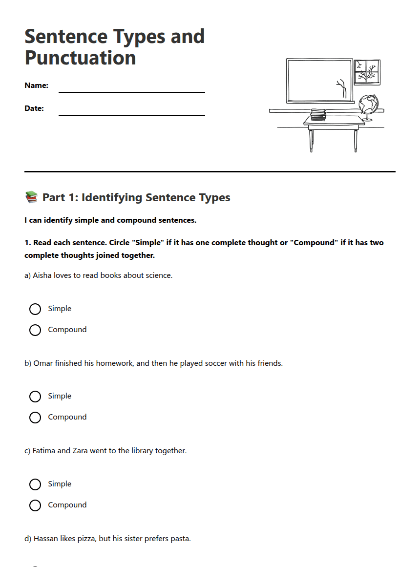 Sentence Types and Punctuation worksheet preview