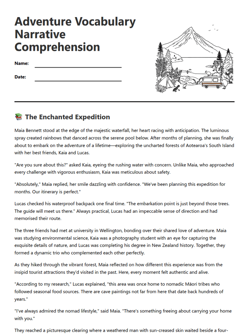 Adventure Vocabulary Narrative Comprehension