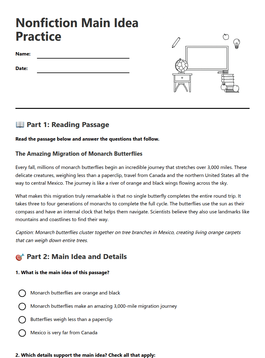 Nonfiction Main Idea Practice worksheet preview