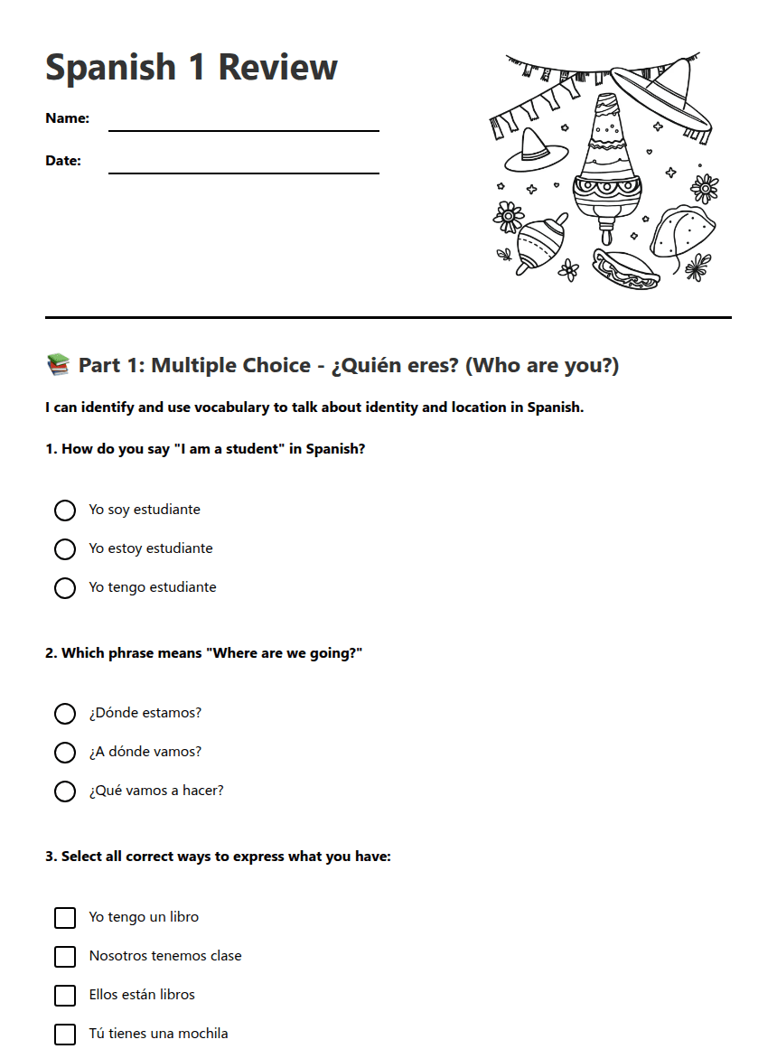 Spanish 1 Review worksheet preview