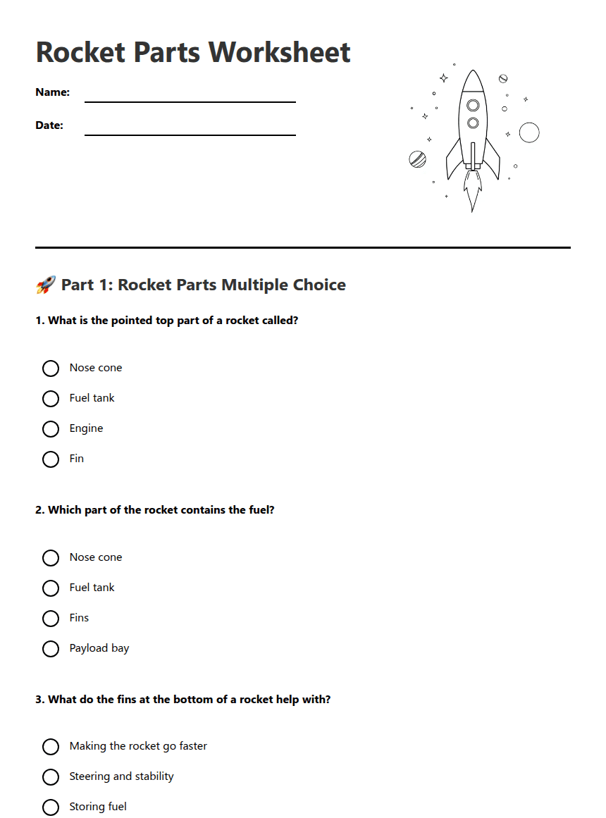Rocket Parts Worksheet worksheet preview