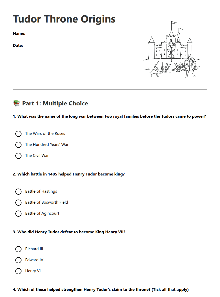 Tudor Throne Origins worksheet preview
