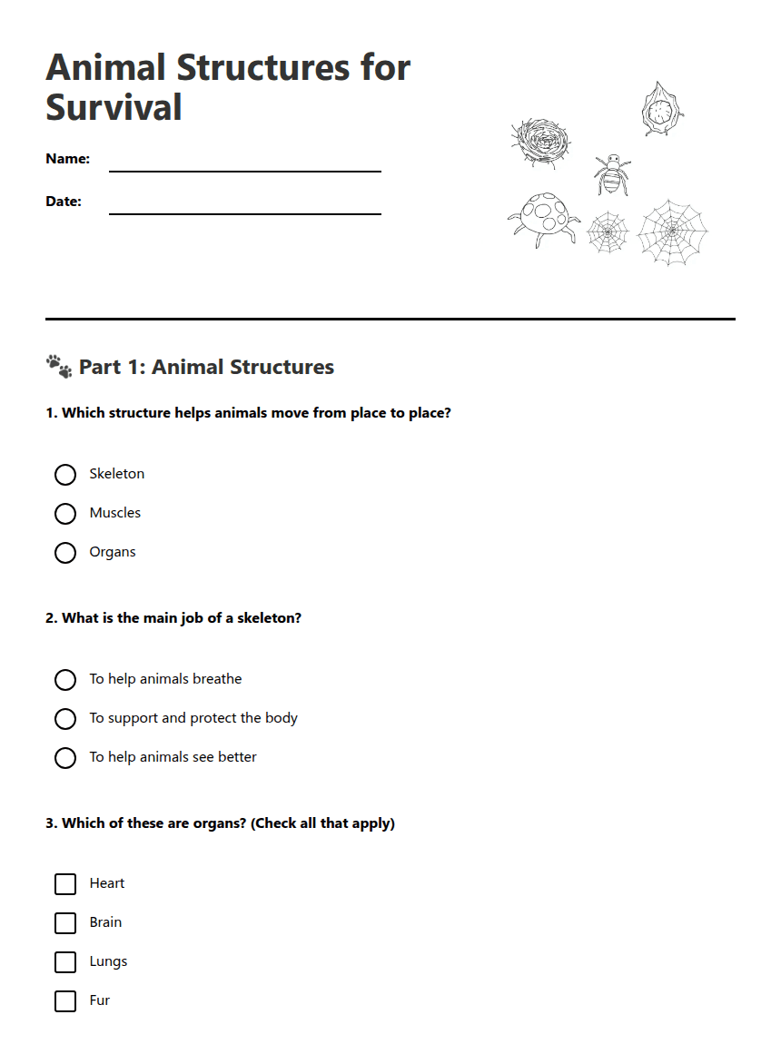 Animal Structures for Survival worksheet preview