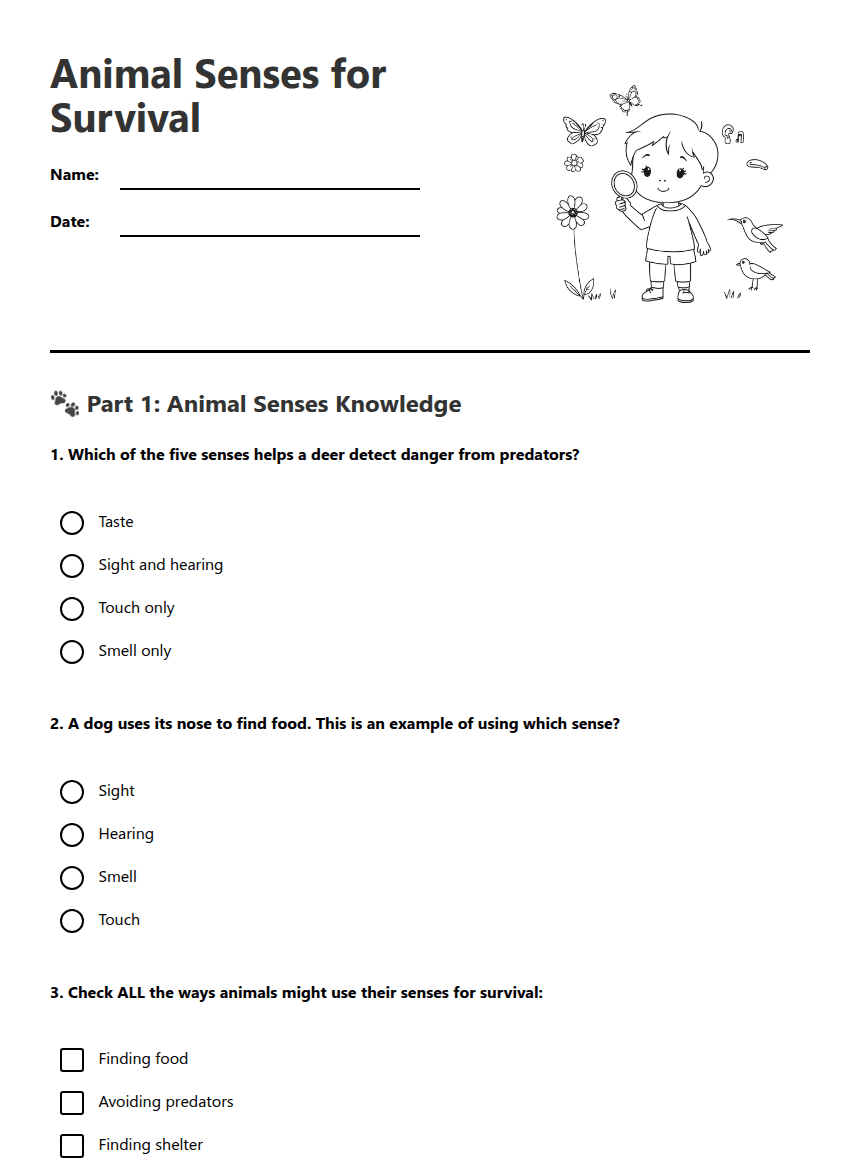 Animal Senses for Survival worksheet preview