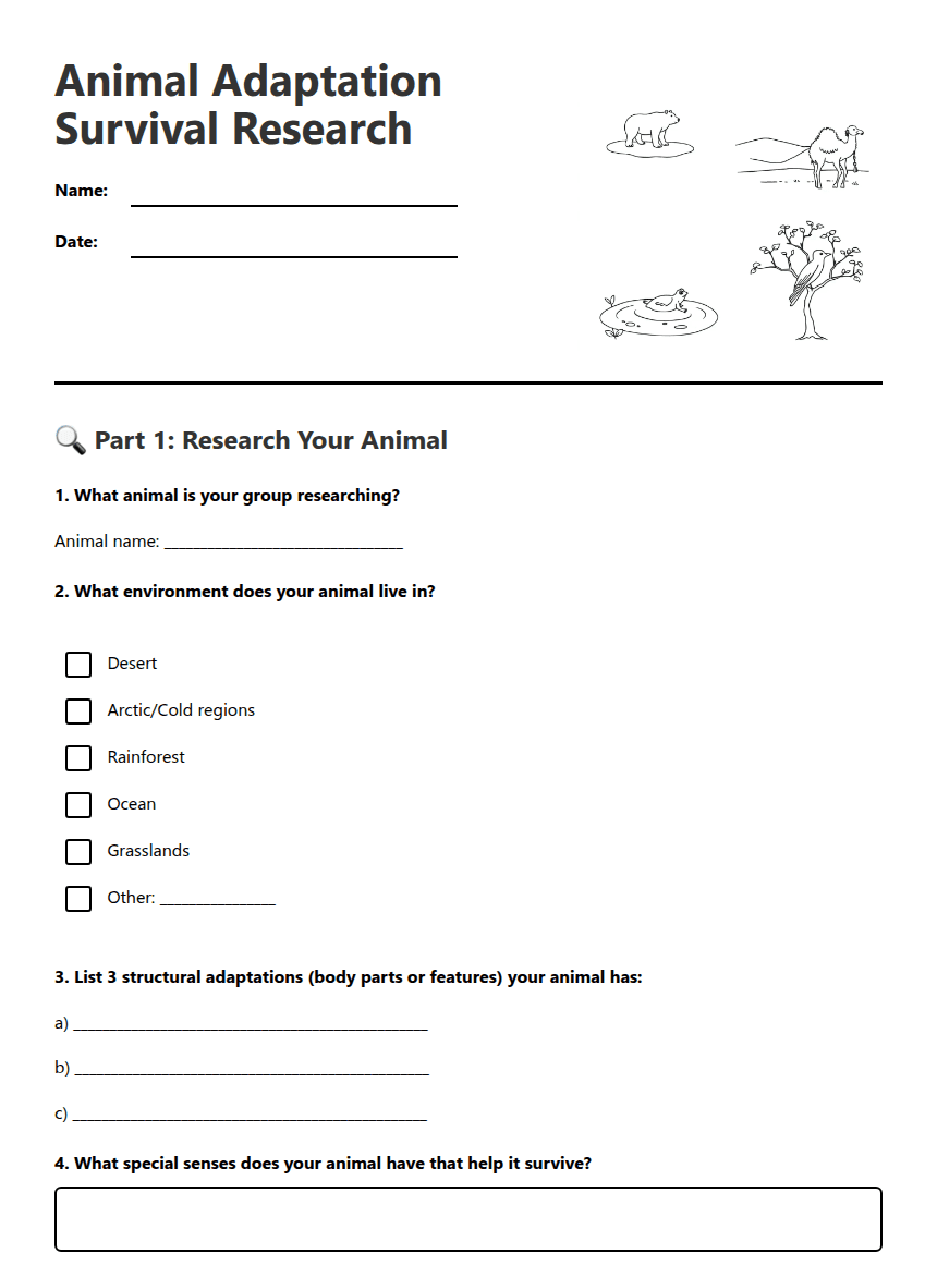 Animal Adaptation Survival Research worksheet preview