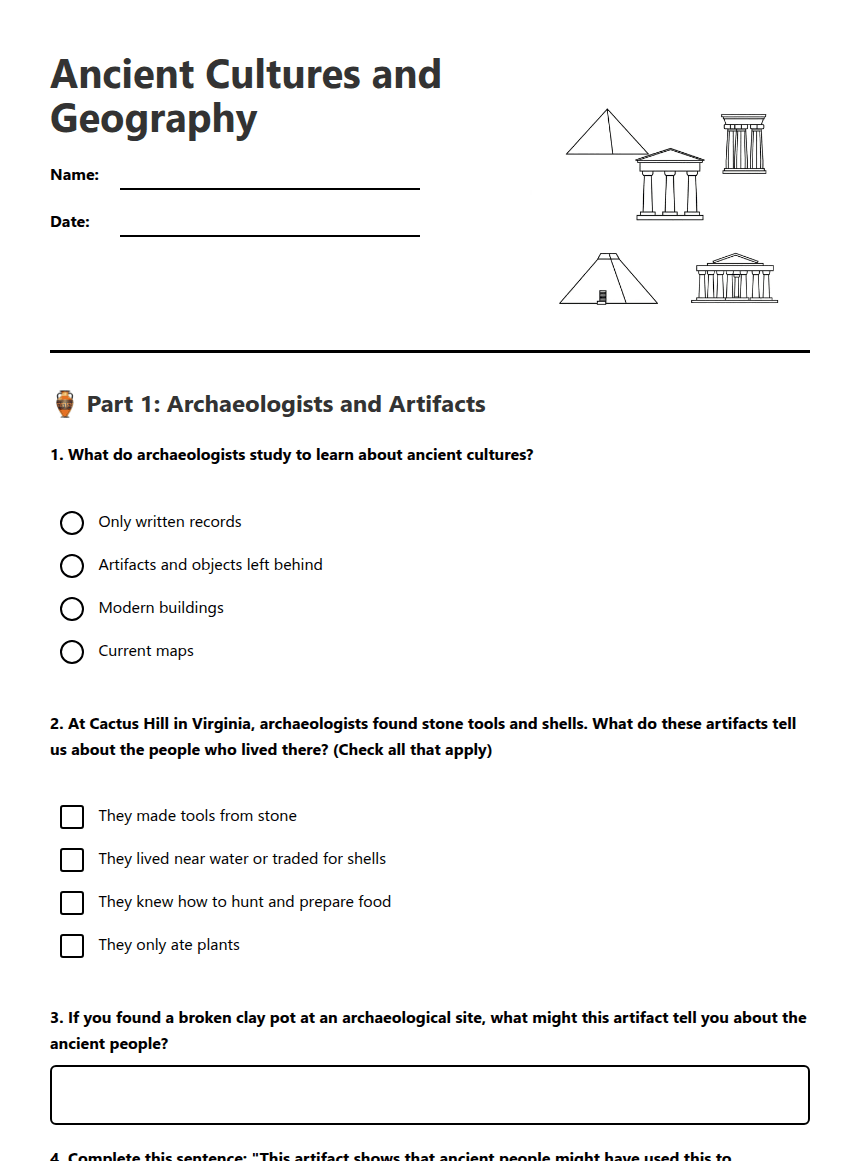 Ancient Cultures and Geography worksheet preview