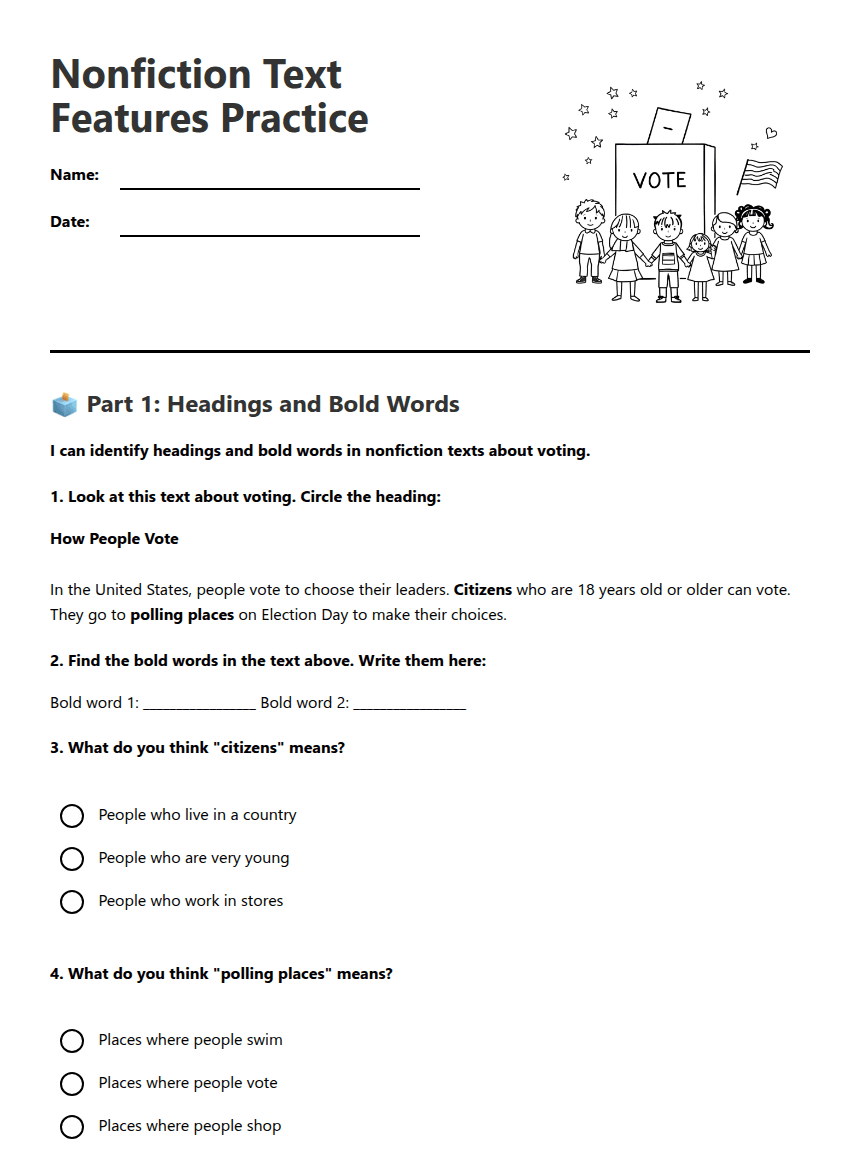 Nonfiction Text Features Practice worksheet preview