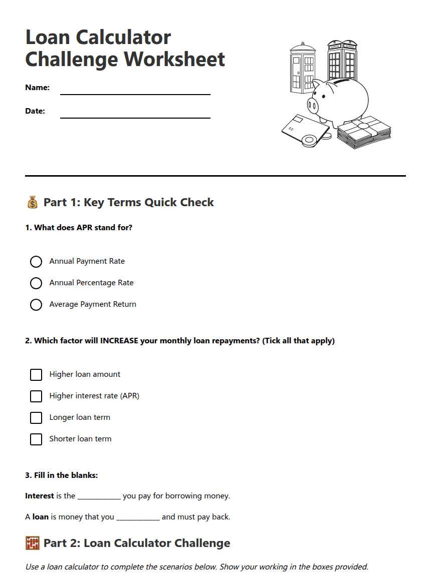 Loan Calculator Challenge Worksheet worksheet preview