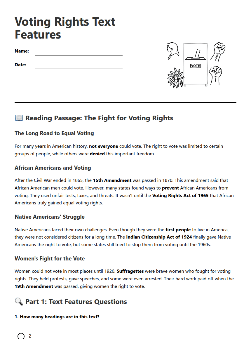 Voting Rights Text Features worksheet preview