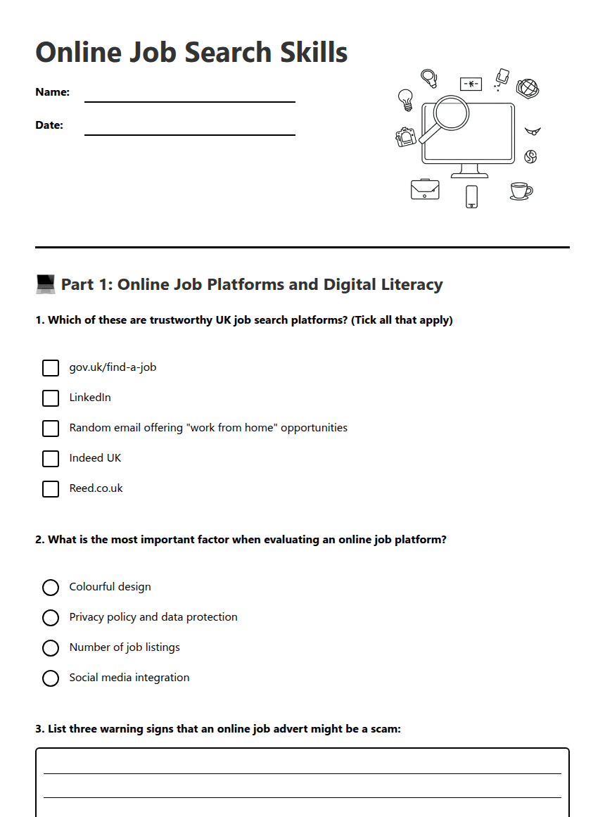 Online Job Search Skills worksheet preview