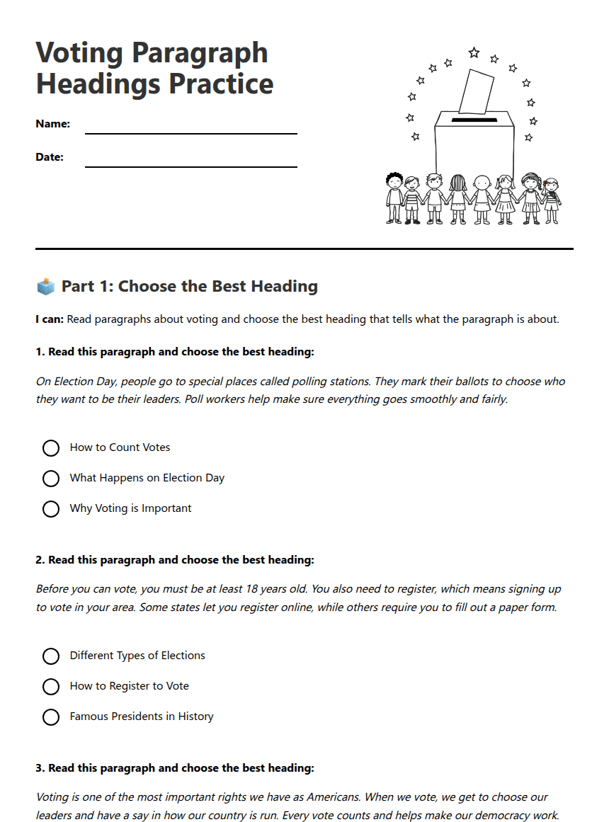 Voting Paragraph Headings Practice worksheet preview