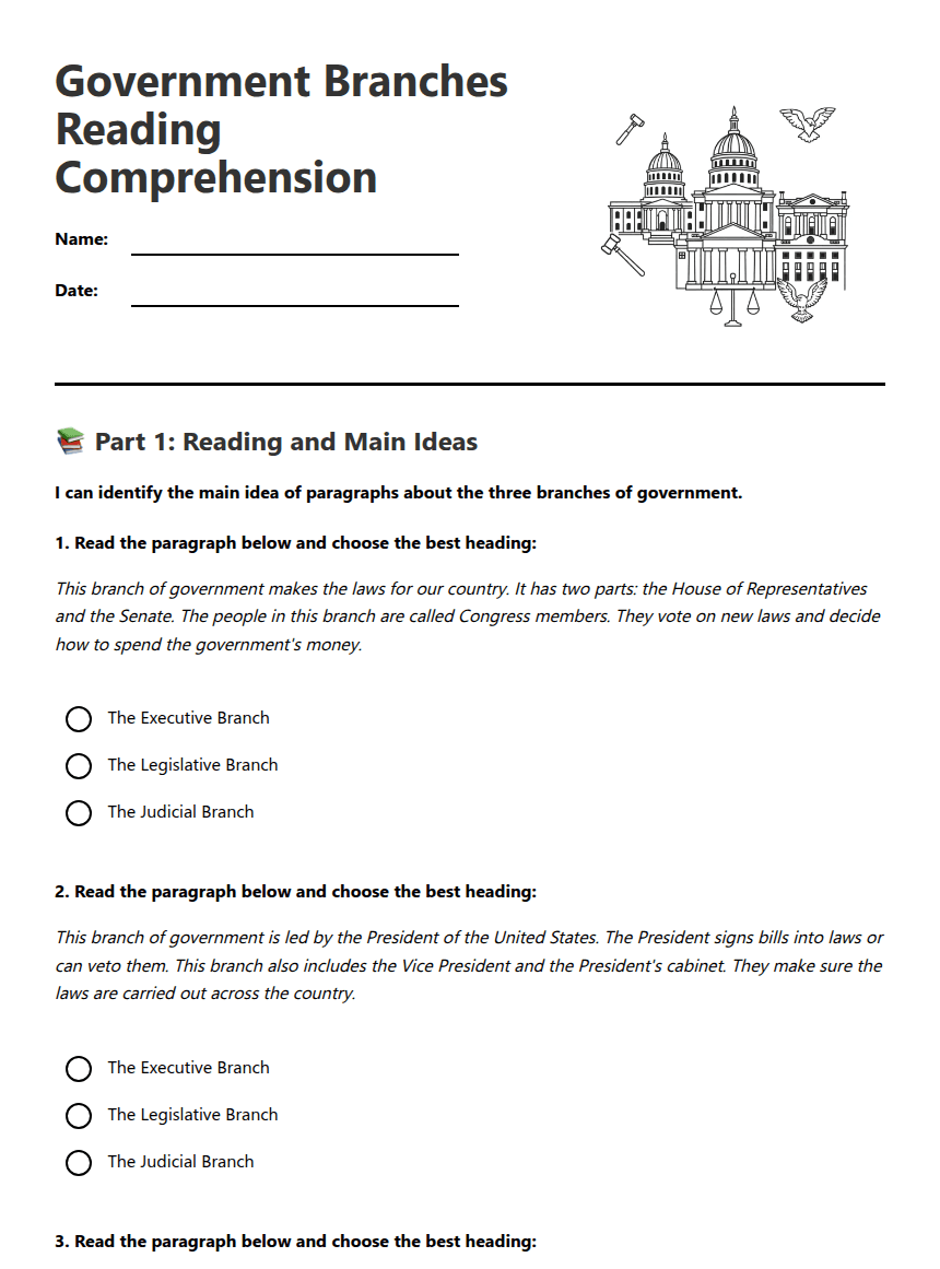 Government Branches Reading Comprehension worksheet preview