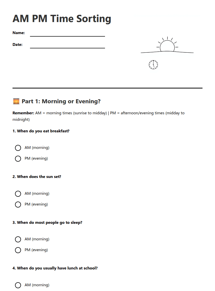 AM PM Time Sorting worksheet preview