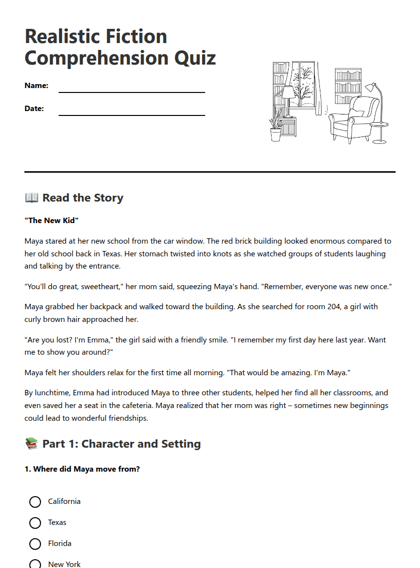 Realistic Fiction Comprehension Quiz worksheet preview