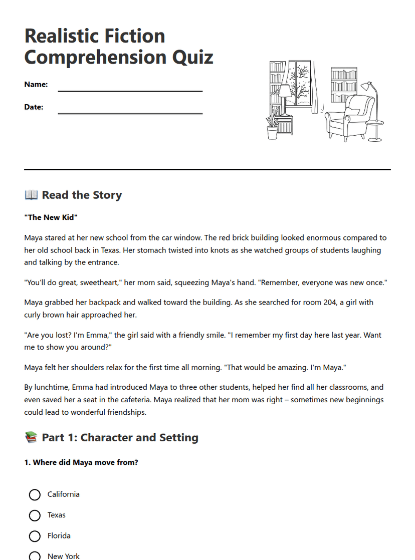 Realistic Fiction Comprehension Quiz