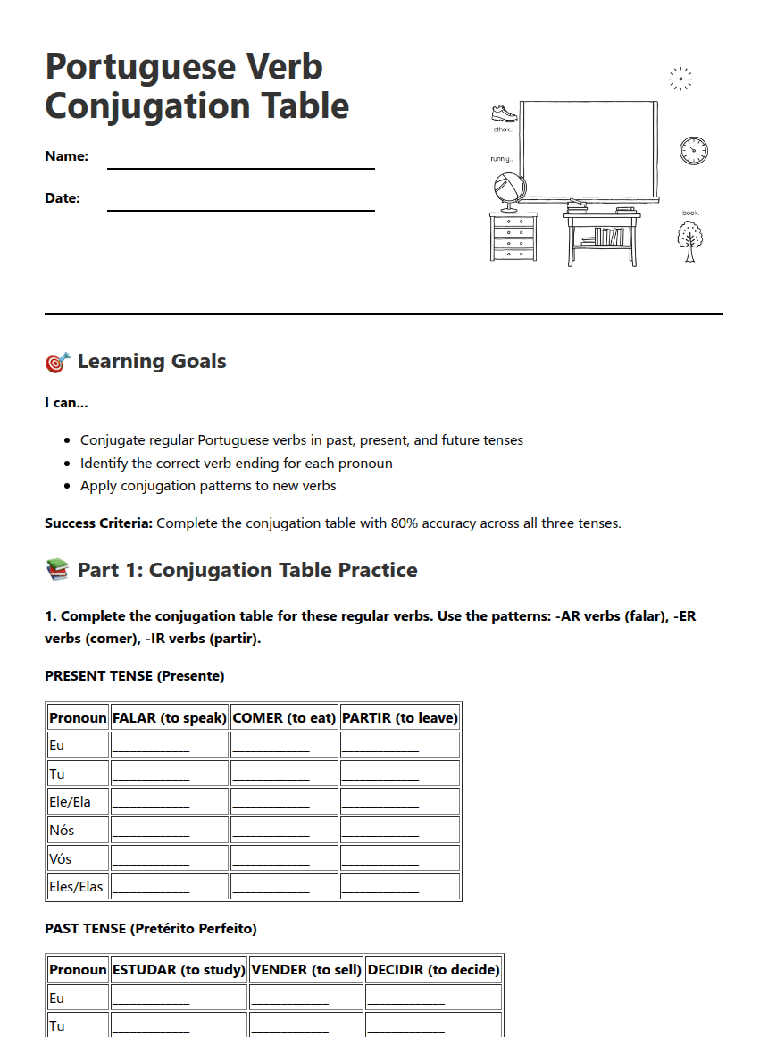Portuguese Verb Conjugation Table worksheet preview