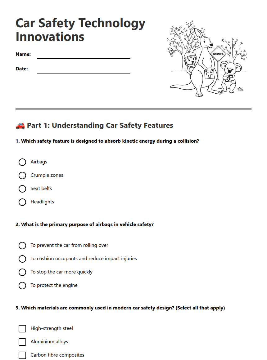 Car Safety Technology Innovations worksheet preview