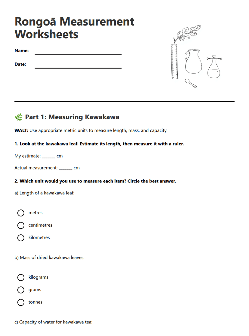 Rongoā Measurement Worksheets
