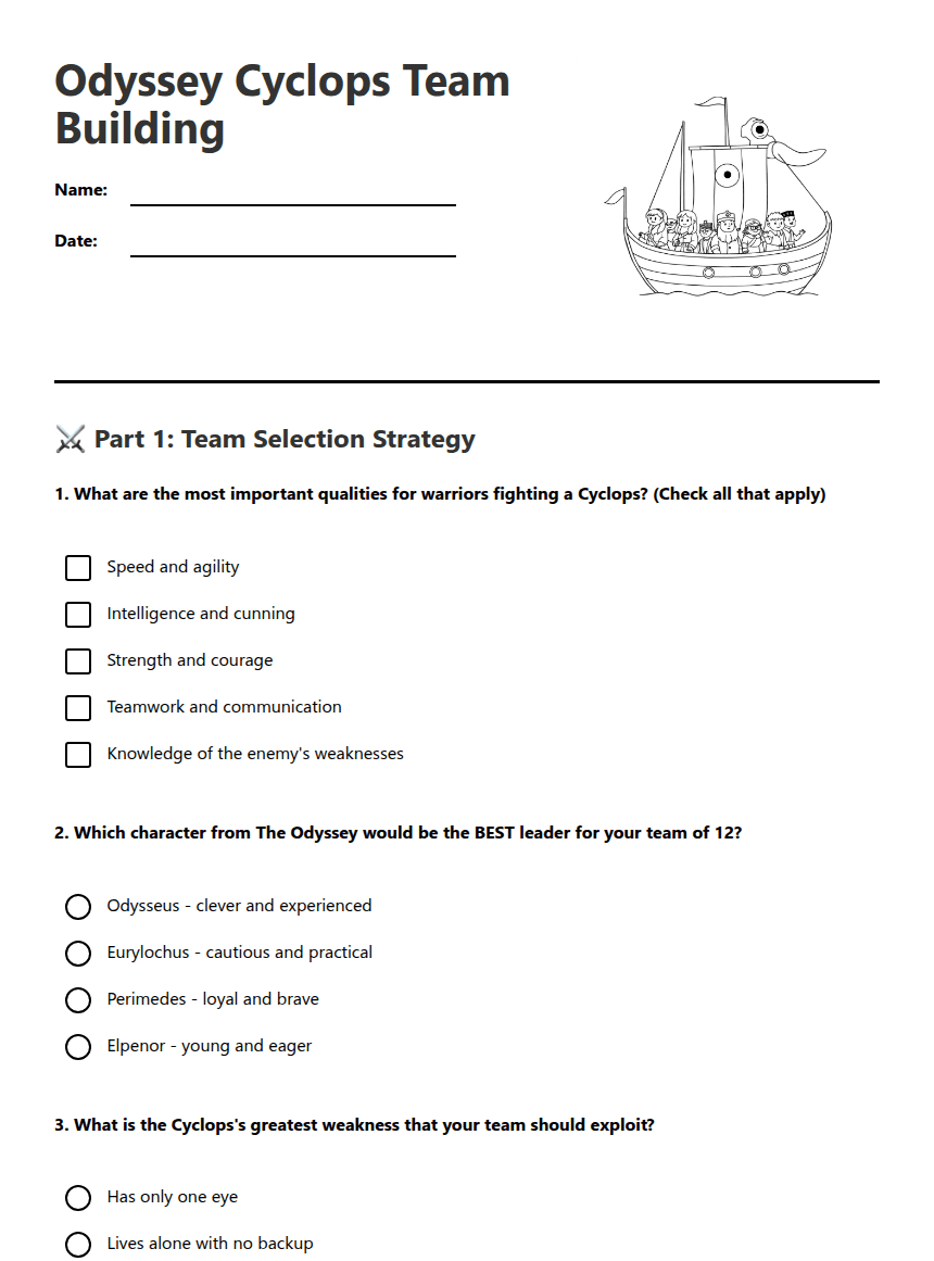 Odyssey Cyclops Team Building worksheet preview