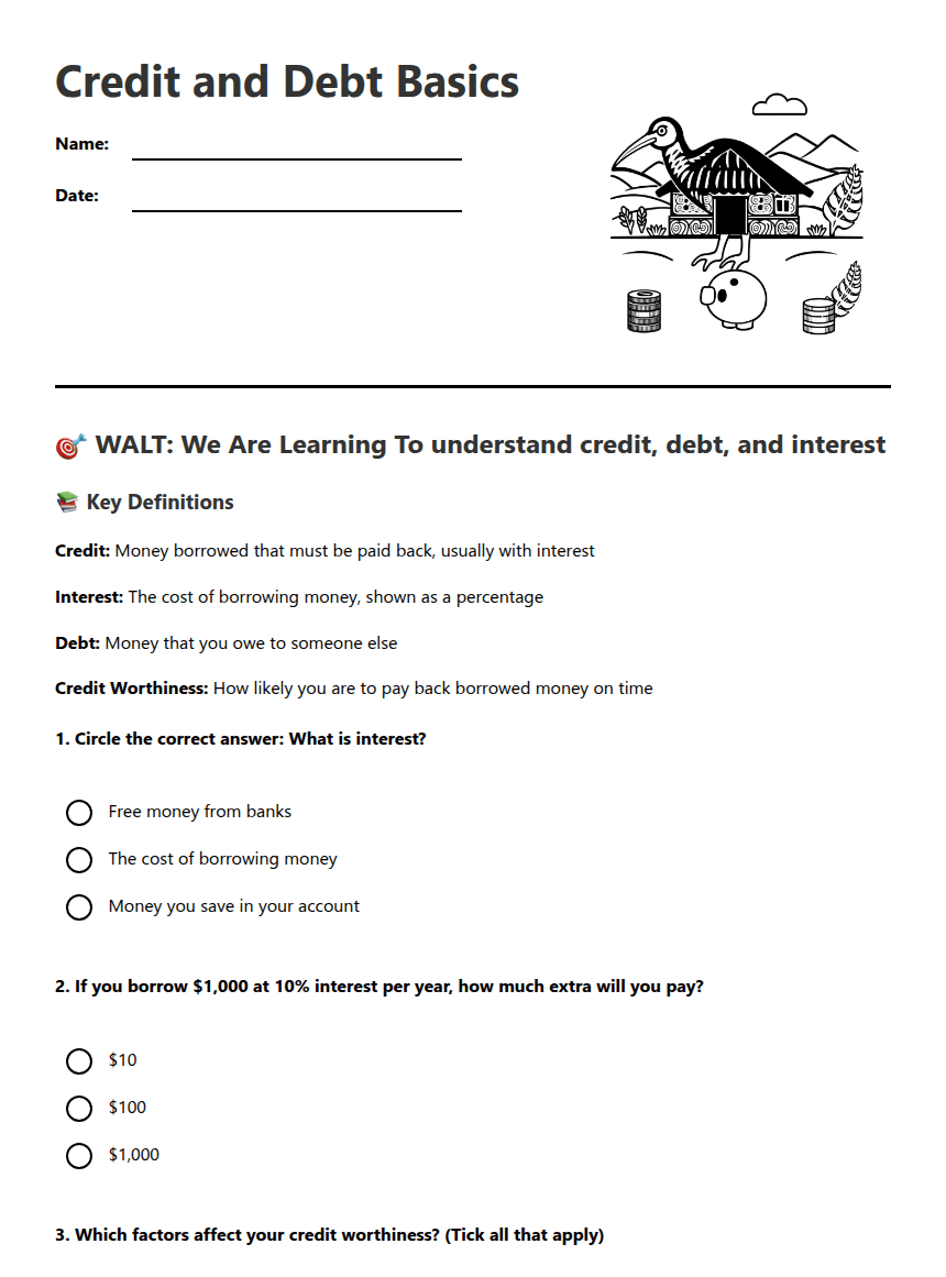 Credit and Debt Basics worksheet preview