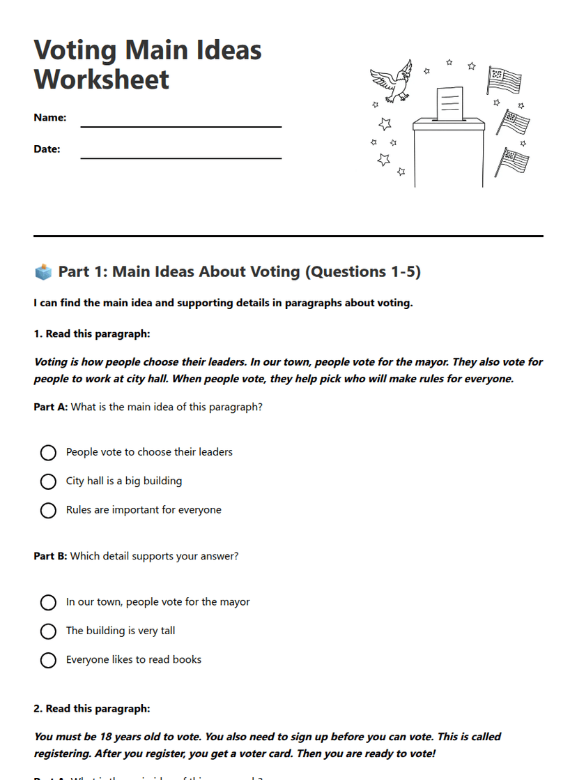 Voting Main Ideas Worksheet