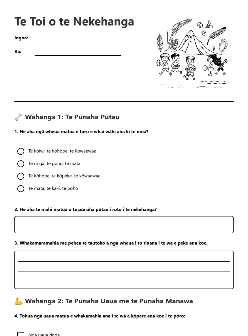 Te Toi o te Nekehanga worksheet preview