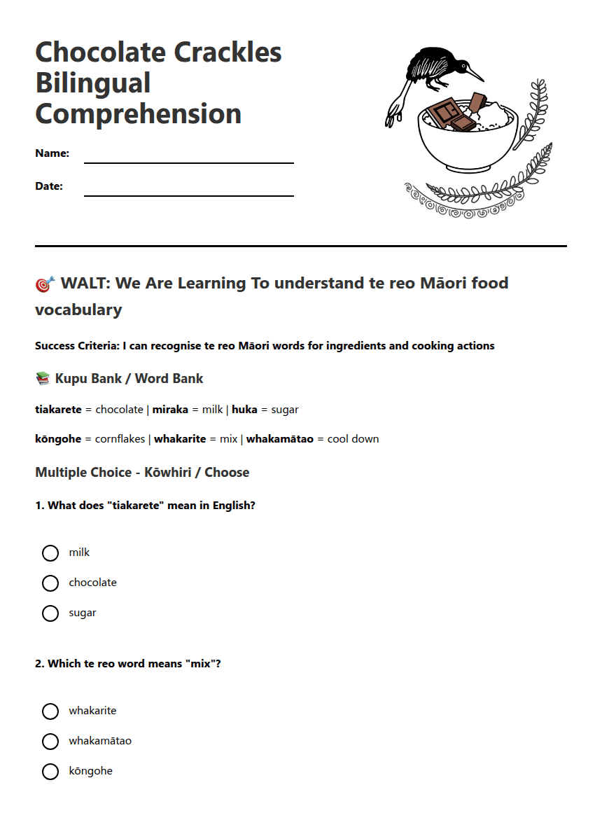 Chocolate Crackles Bilingual Comprehension worksheet preview