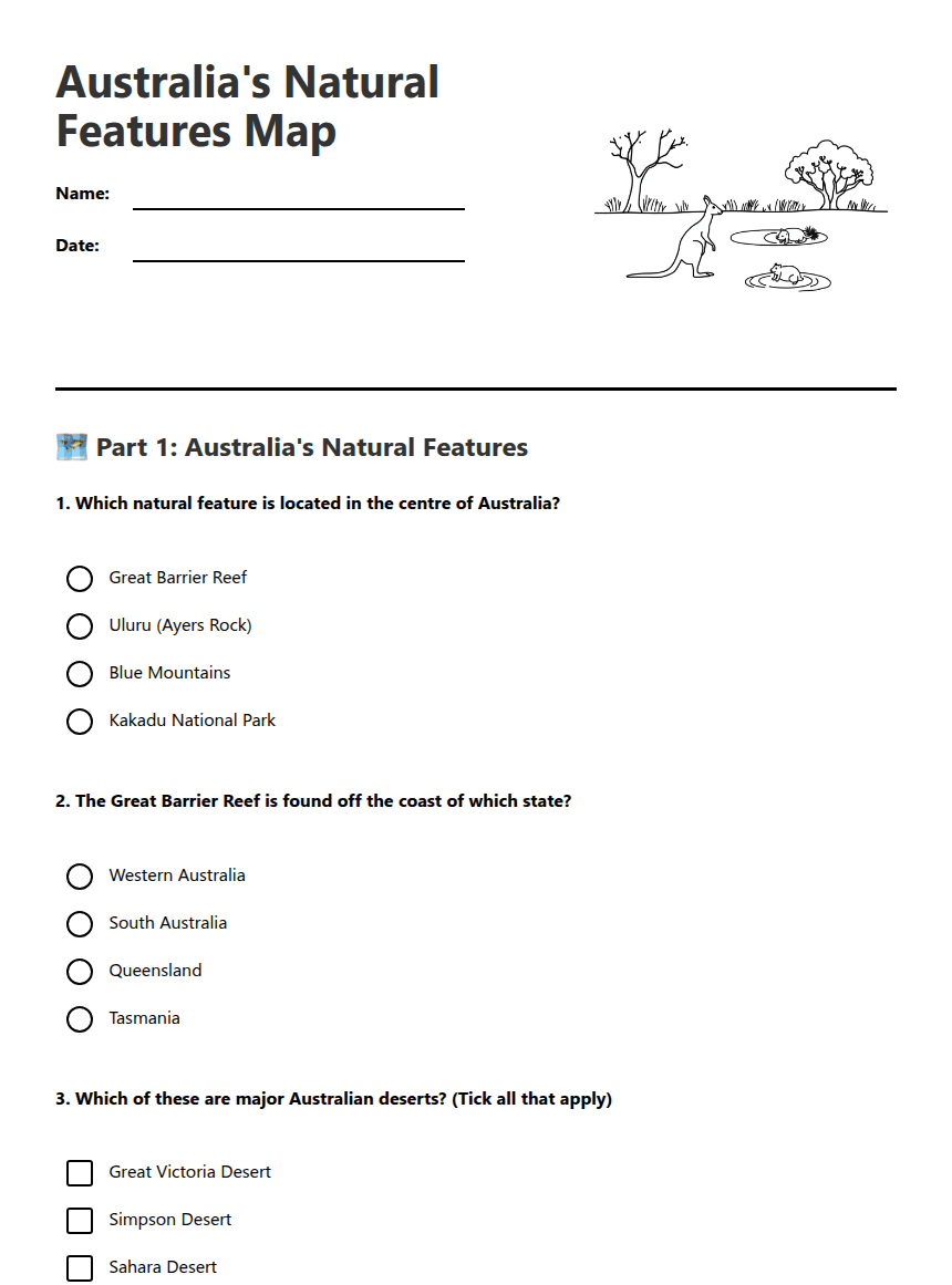 Australia's Natural Features Map worksheet preview