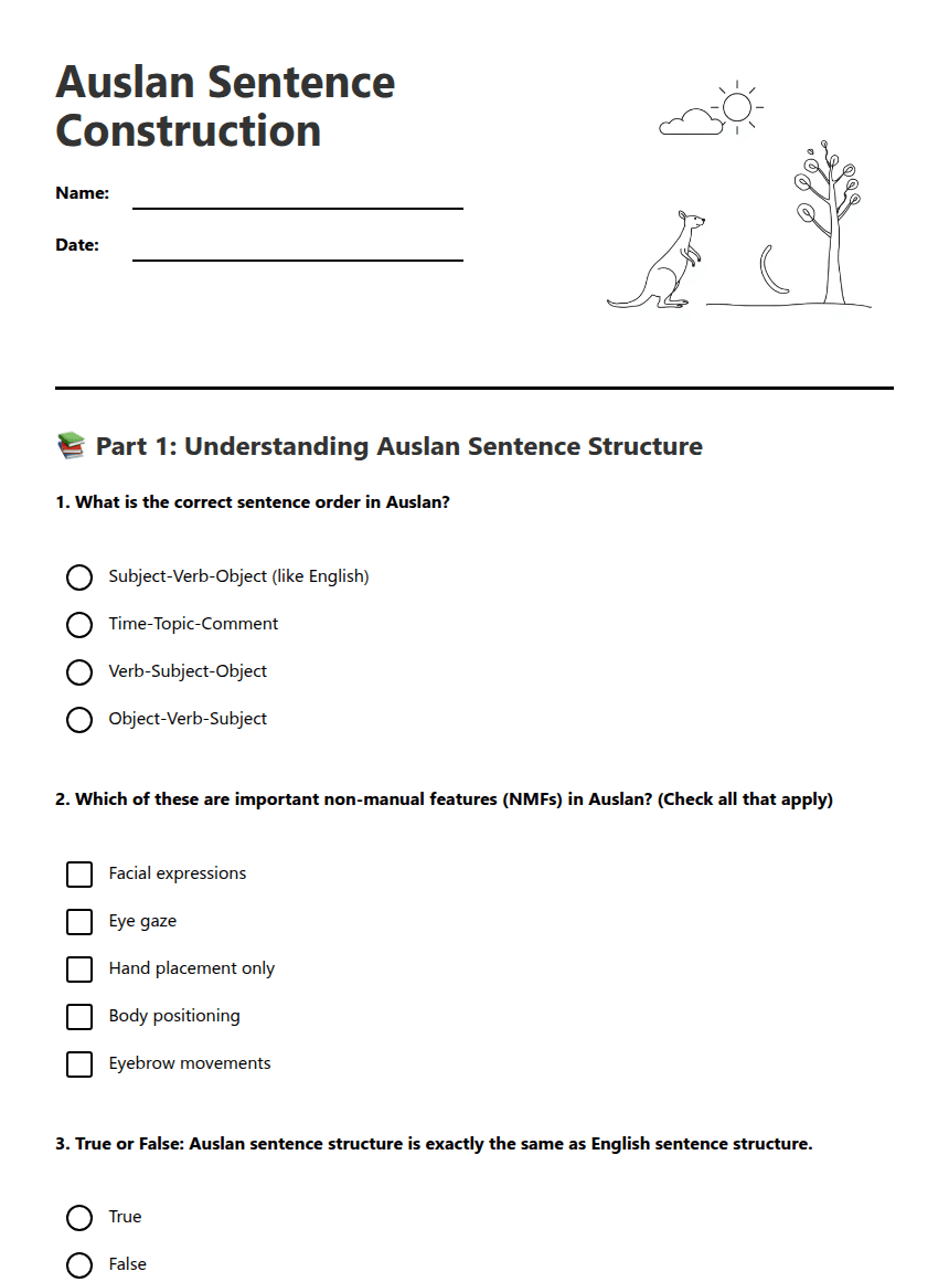 Auslan Sentence Construction worksheet preview