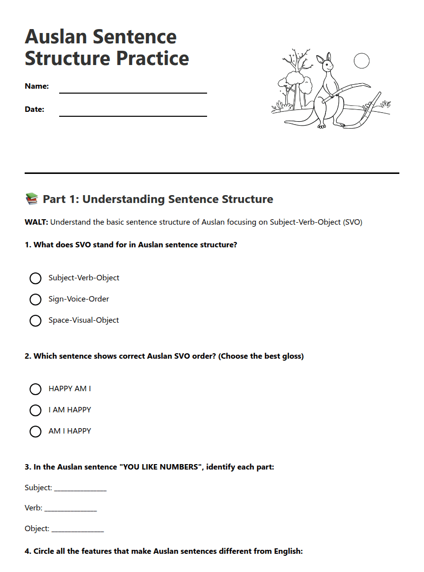 Auslan Sentence Structure Practice worksheet preview