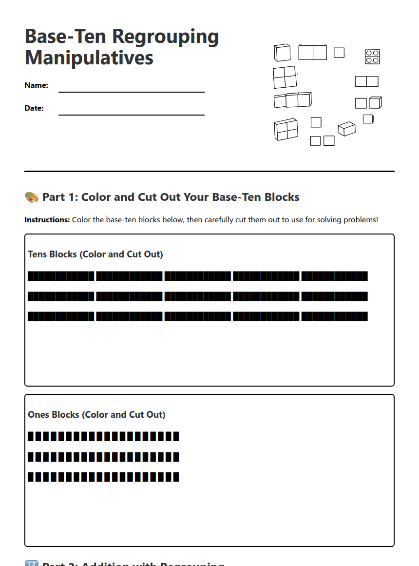 Base-Ten Regrouping Manipulatives worksheet preview