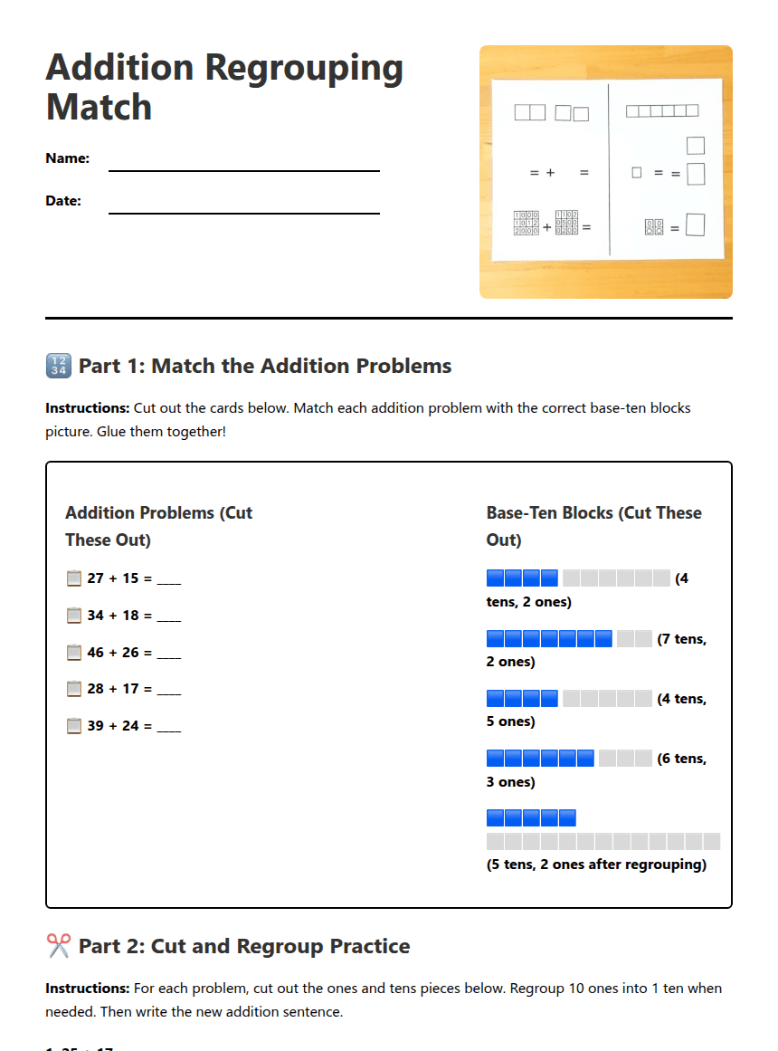Addition Regrouping Match worksheet preview
