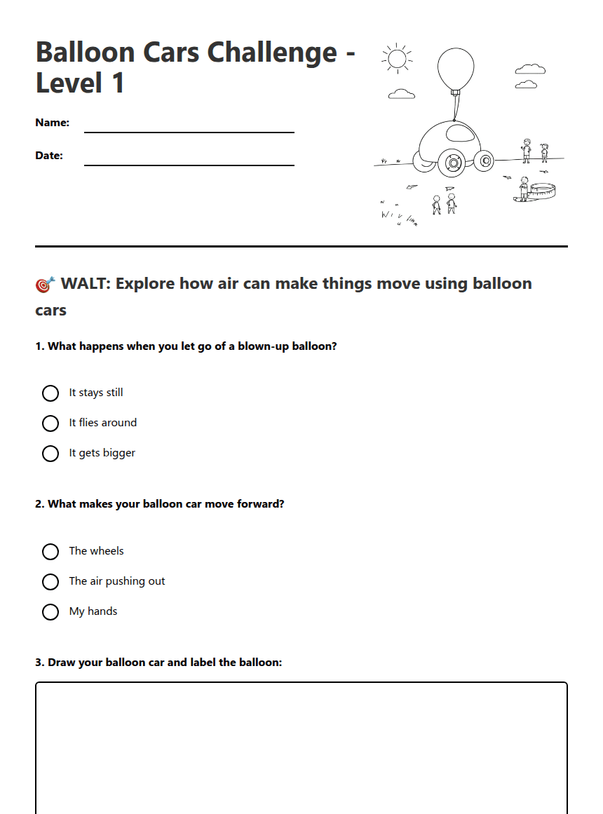 Balloon Cars Challenge Worksheets worksheet preview