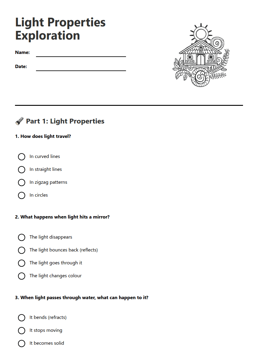 Light Properties Exploration worksheet preview